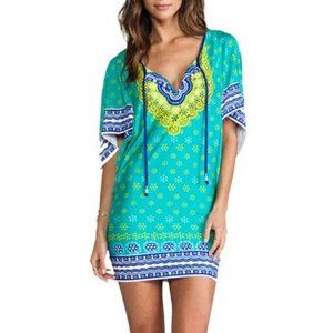 Trina Turk | Seychelles Cover Up Tunic  Dress Large Blue Green Yellow